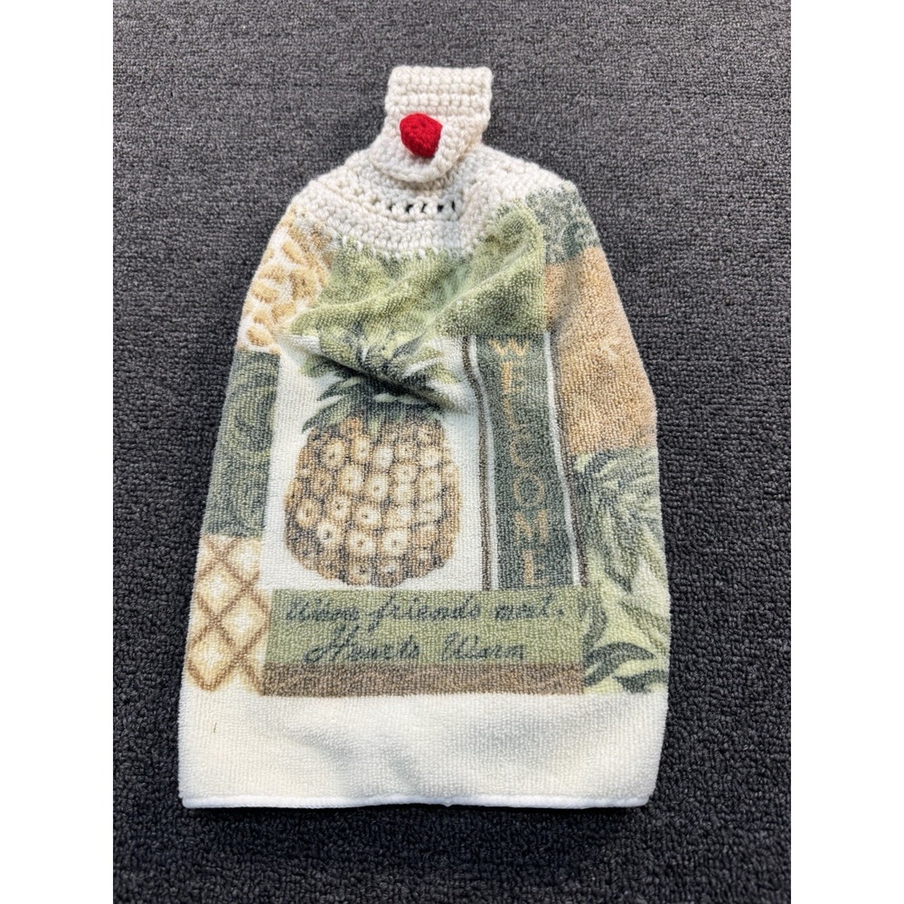 Pineapple Hanging Loop Hand Towel Cotton White/Green/Beige Country 1pc